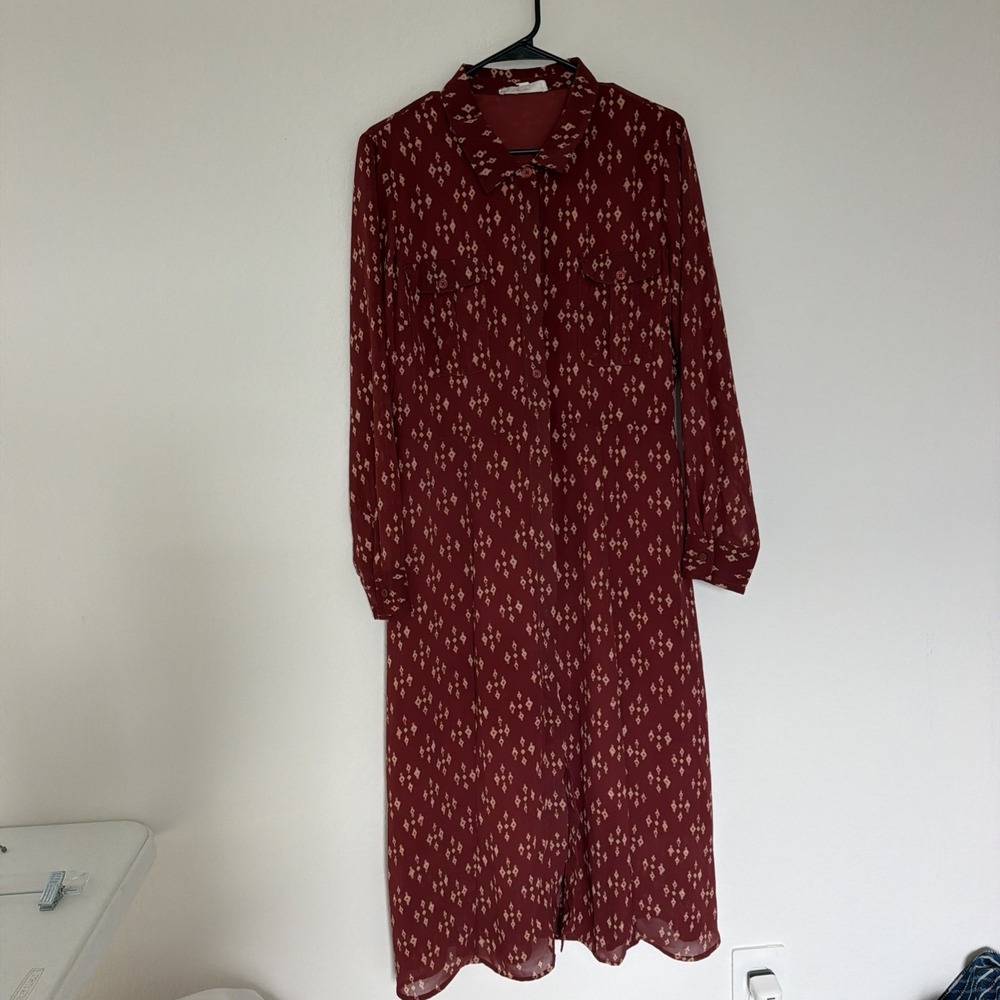Lucky Brand Dark Brown Ikat Print Collar Long Sleeve Button Up Midi Dress Sz 14